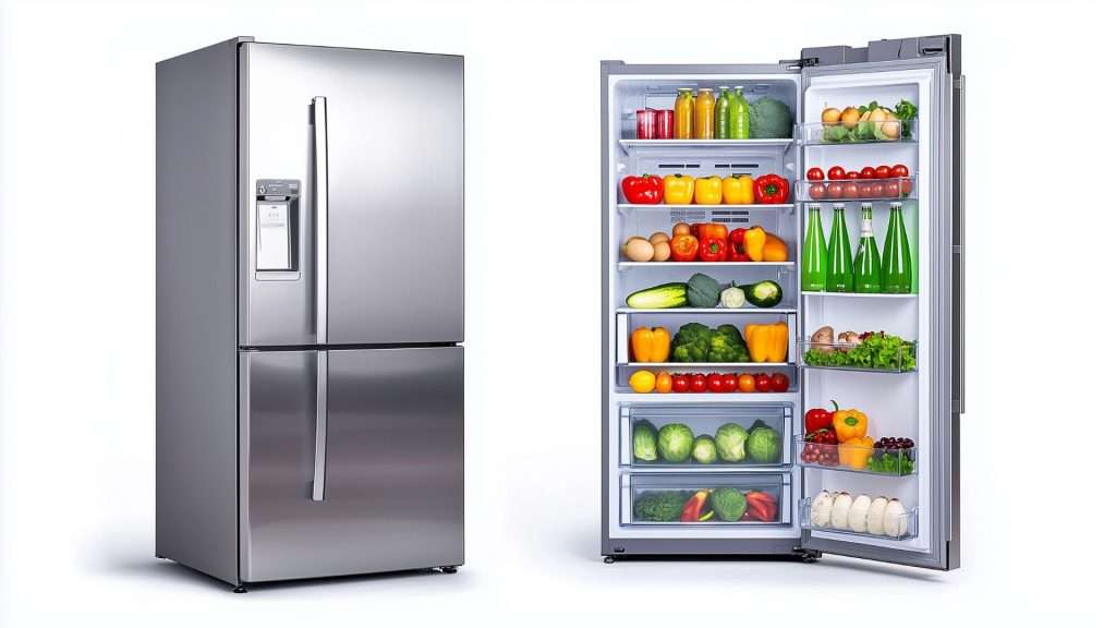 Stainless steel French door refrigerator with bottom freezer, shown closed on the left and open on the right, stocked with fresh vegetables, drinks, eggs, and produce neatly organized on shelves and door bins.