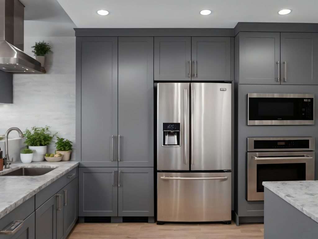A Metallic Refrigerator Freezer Sitting Inside a Kitchen.