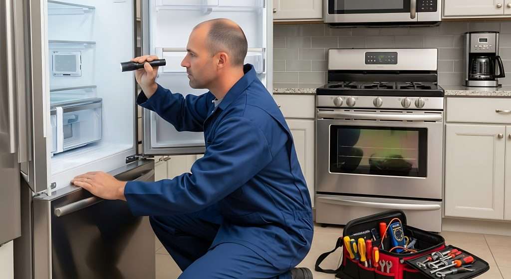 A professional appliance technician in a blue uniform kneels in a modern kitchen while inspecting the inside of an open refrigerator with a flashlight, with a toolbox full of repair tools beside him.